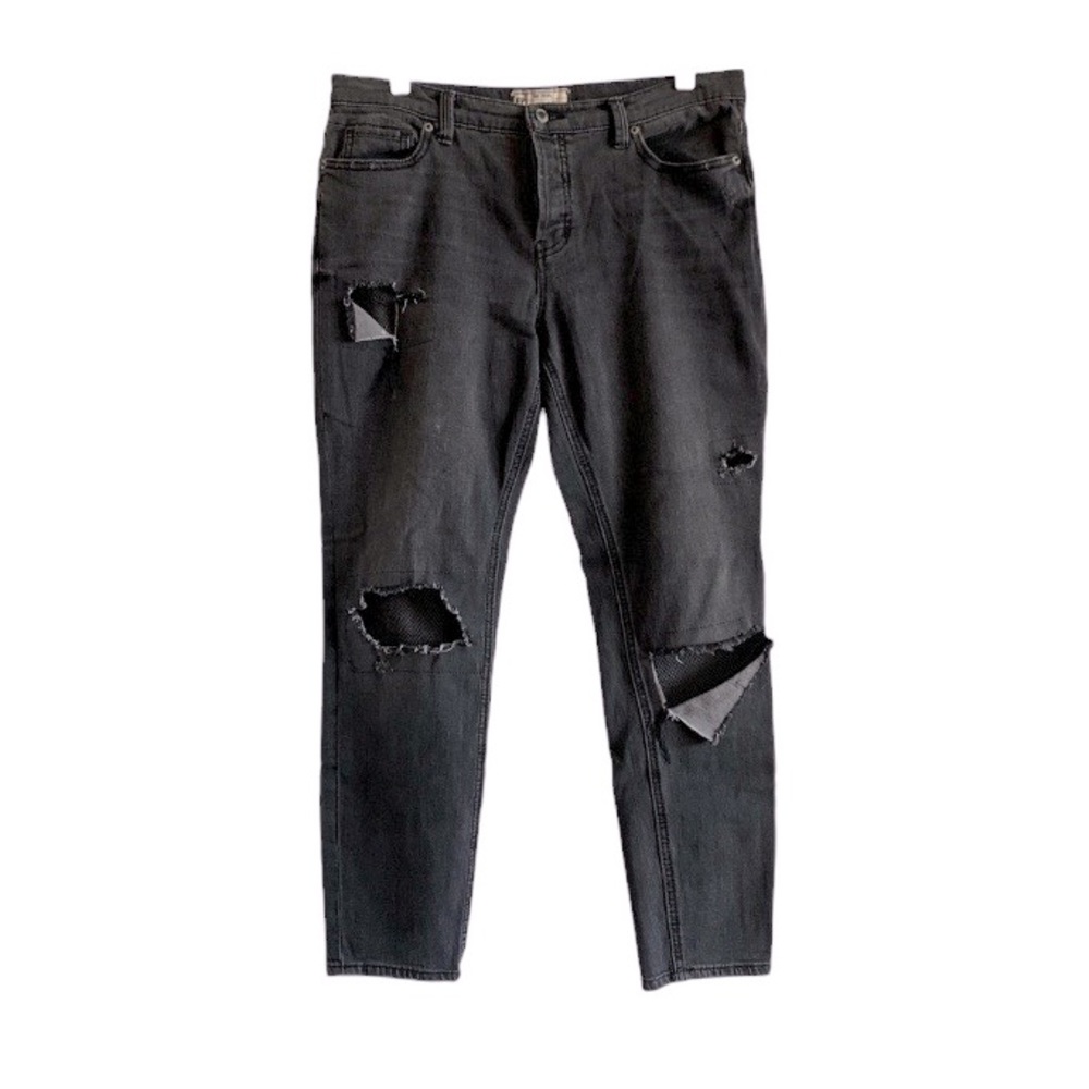 Free People Distressed Fishnet Jeans Black as Night 29 Grunge Goth Rave Casual